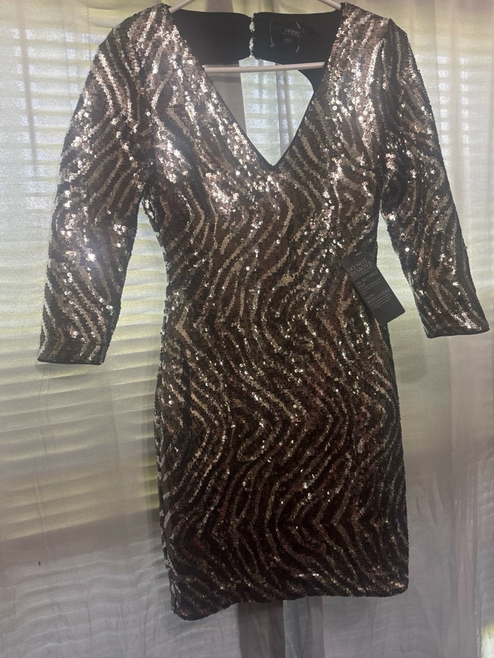 Guess Bronze and Black Sequin V-Neck Mini Dress